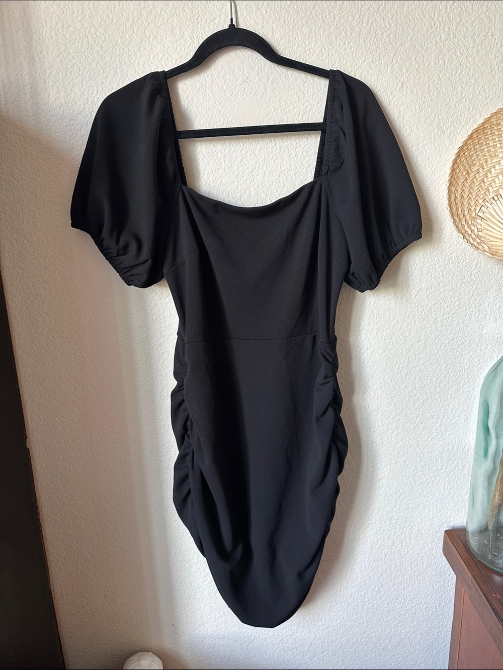 Lulu's Black Puff-Sleeve Ruched Mini Dress